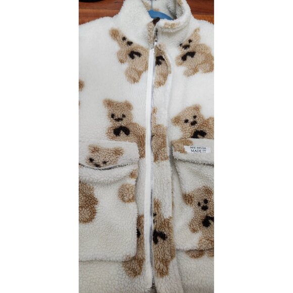 My Mum Made It Teddy Bear Sherpa Jacket Beige Brown Plush Fleece Coat Oversized - Picture 4 of 15